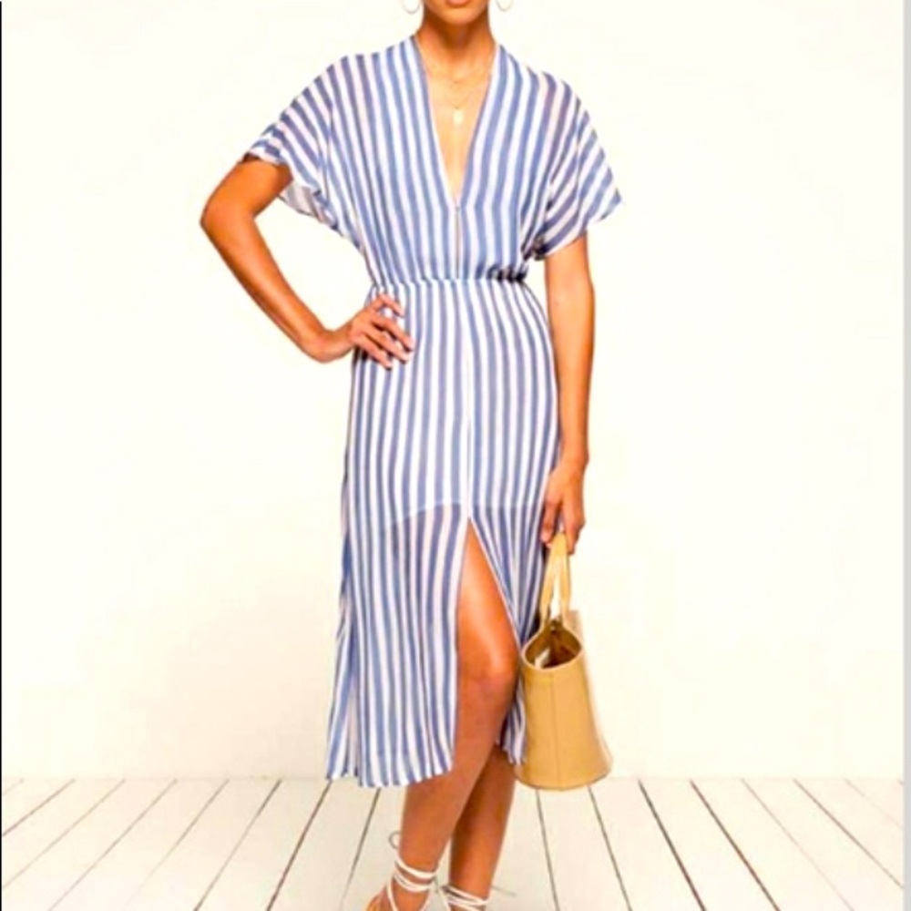 Reformation Blue and White Striped V-Neck Midi Dress